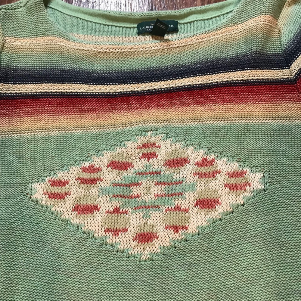 Lauren Ralph Lauren Southwestern Stripe Cotton Linen Knit Sweater Green XL 3/4 - Picture 13 of 16